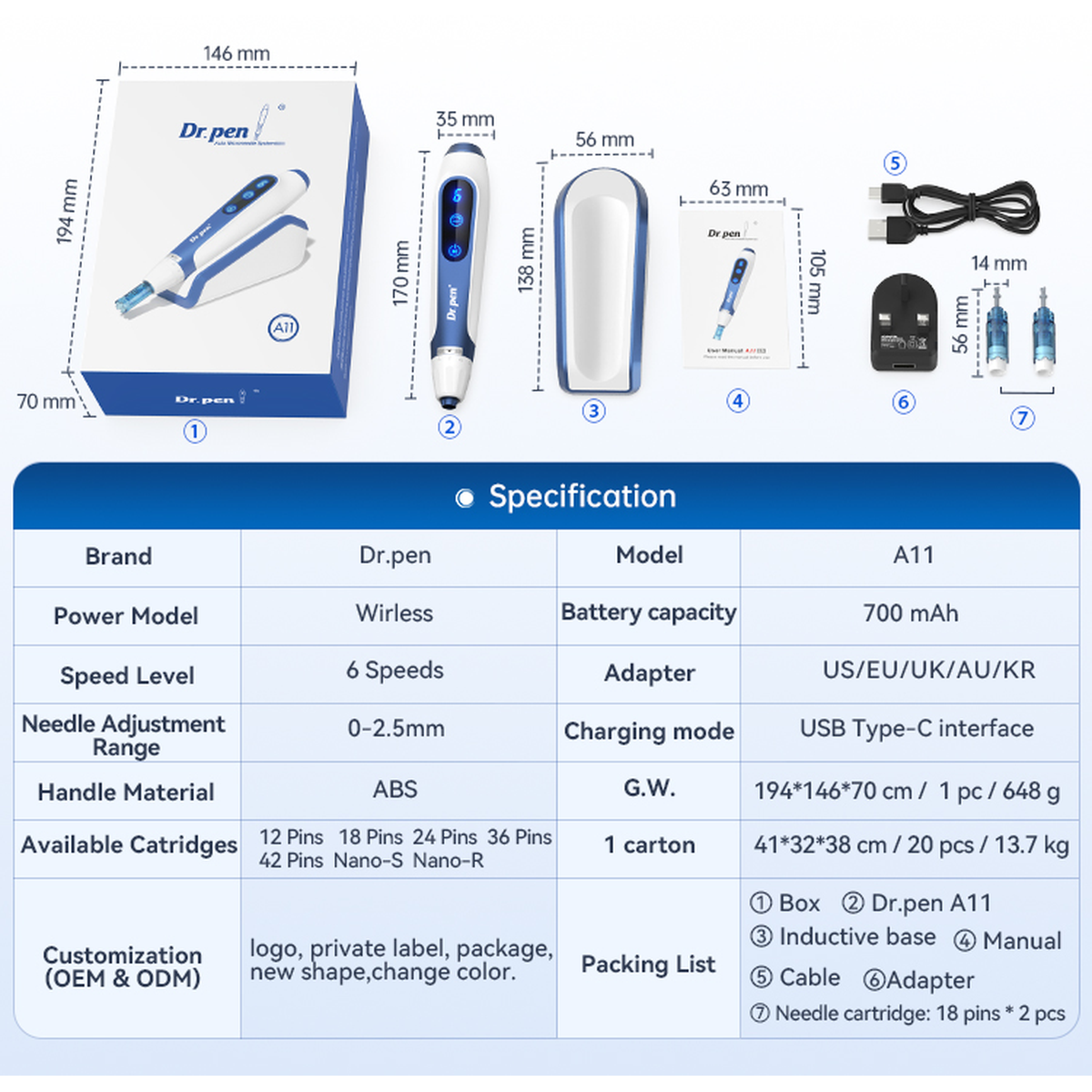 Dr. Pen A11 dimensions, specifications and standard accessory layout