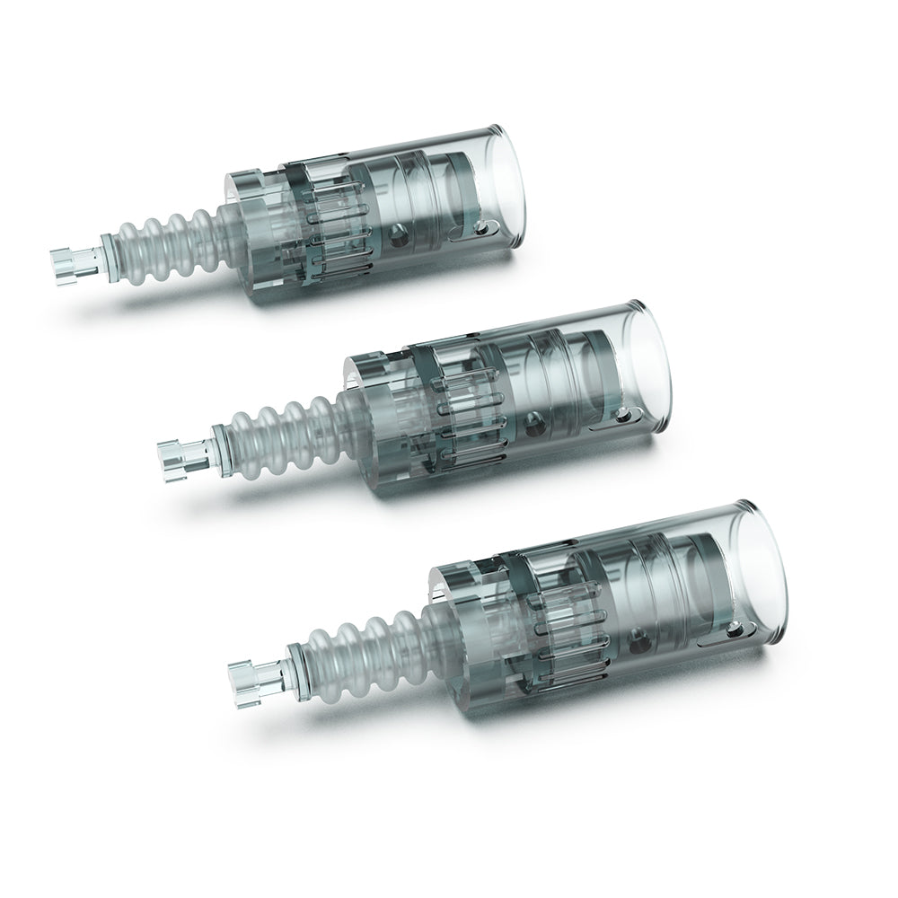 Three Dr. Pen M8 and M7s replacement cartridges viewed from the side